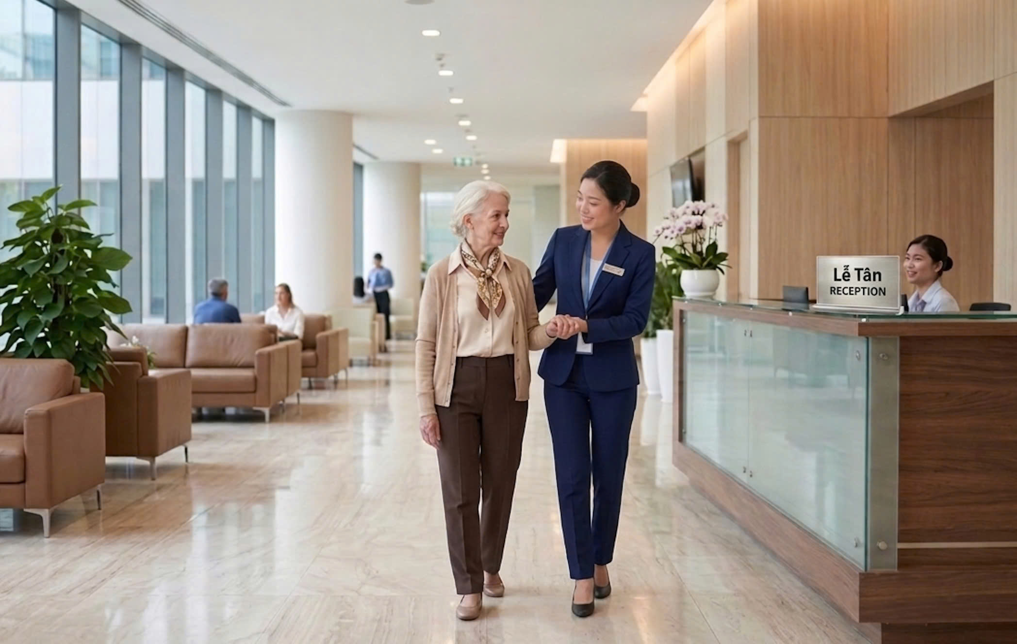 Expat Healthcare Alliance coordinator accompanying a patient at a Vietnamese hospital
